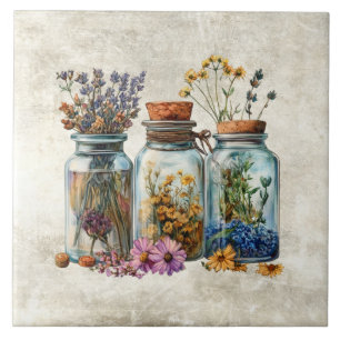 Rustic Watercolor Jars with Herbs Flowers Tile