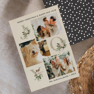 Rustic Watercolor Joy 3-Photo Christmas Holiday Card