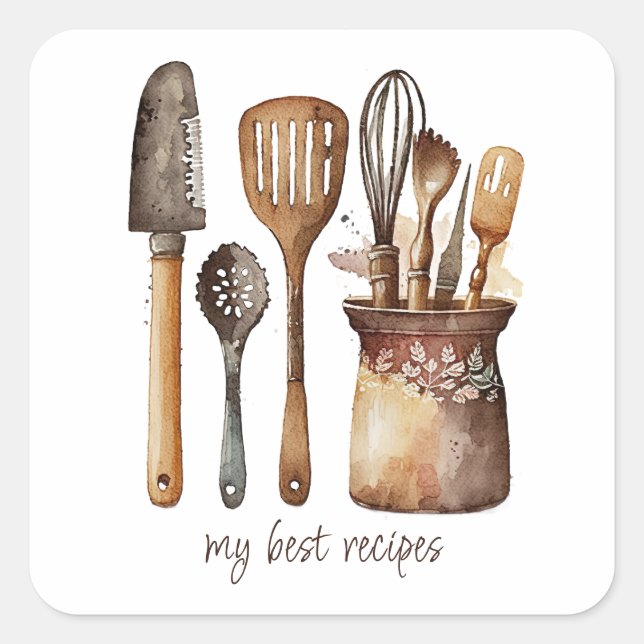 Rustic Watercolor Kitchen Utensils Food Label (Front)