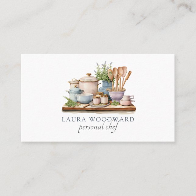 Rustic Watercolor Kitchenware & Herbs Chef Business Card (Front)