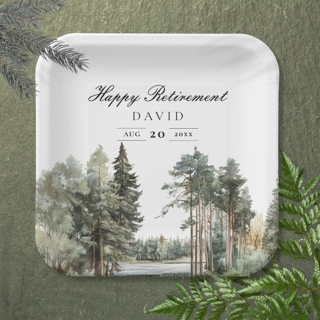 Rustic Watercolor Lake Forest Retirement Party Paper Plate (Rustic Watercolor Lake Forest Retirement Party Paper Plates)