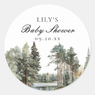 Rustic Watercolor Lake Forest Woodland Baby Shower Classic Round Sticker