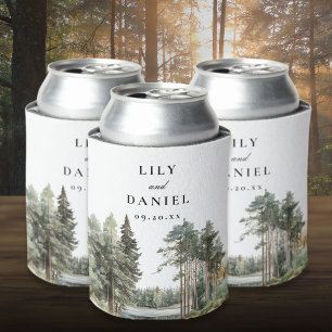 Rustic Watercolor Lake Forest Woodland Wedding Can Cooler