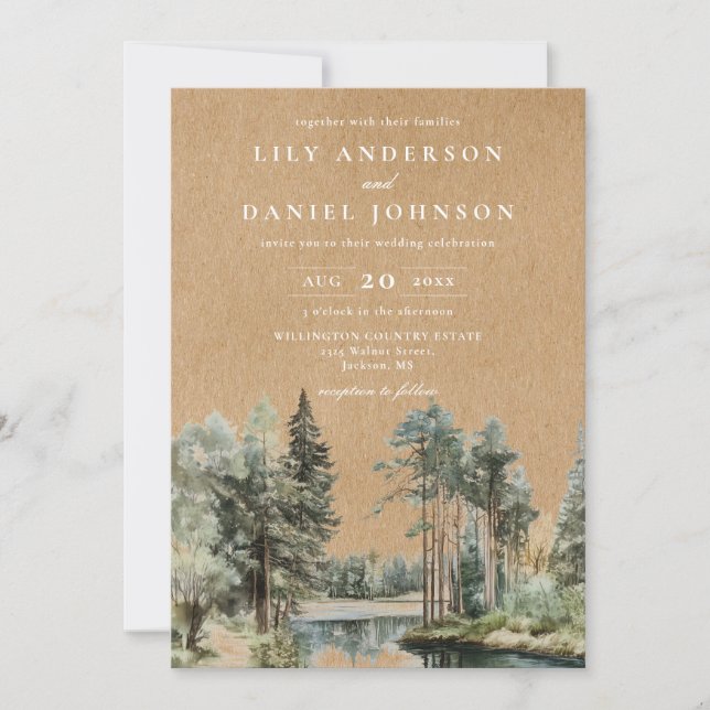 Rustic Watercolor Lake Forest Woodland Wedding Invitation (Front)