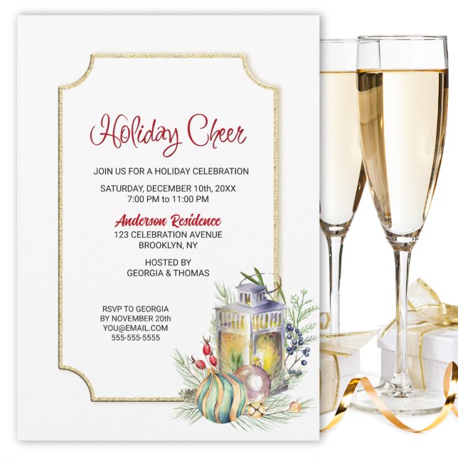 Rustic Watercolor Lantern Holiday Party Invitation (Creator Uploaded)