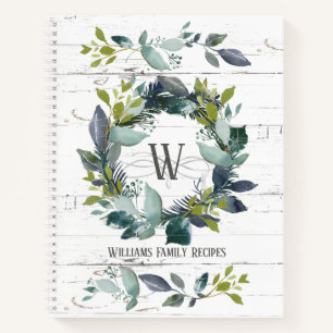 Rustic Watercolor Laurel Wreath Monogram Recipe Notebook