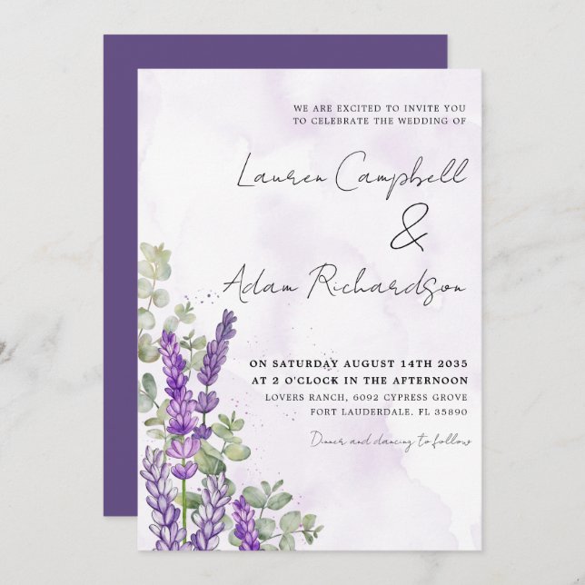 Rustic Watercolor Lavender & Eucalyputus Wedding Invitation (Front/Back)