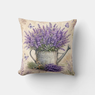 Rustic Watercolor Lavender Watering Can Cushion