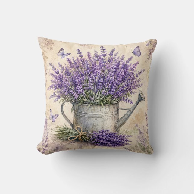 Rustic Watercolor Lavender Watering Can  Cushion (Front)