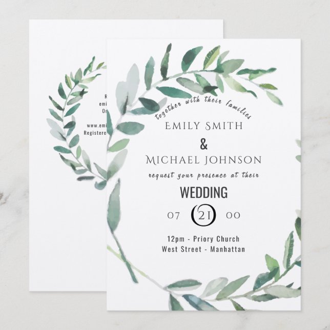 Rustic Watercolor Leaf Kraft Wedding Invitation (Front/Back)