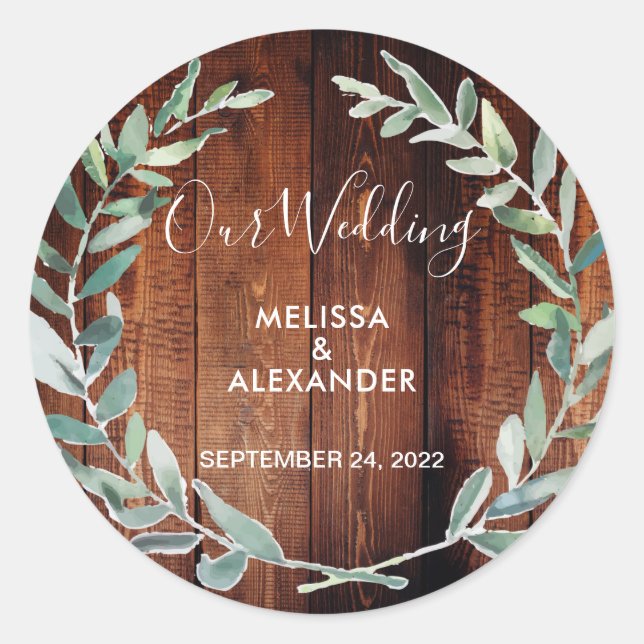 Rustic watercolor leaves barn wood wedding classic round sticker (Front)