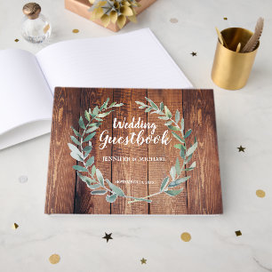 Rustic Watercolor leaves barn wood Wedding Guest Book