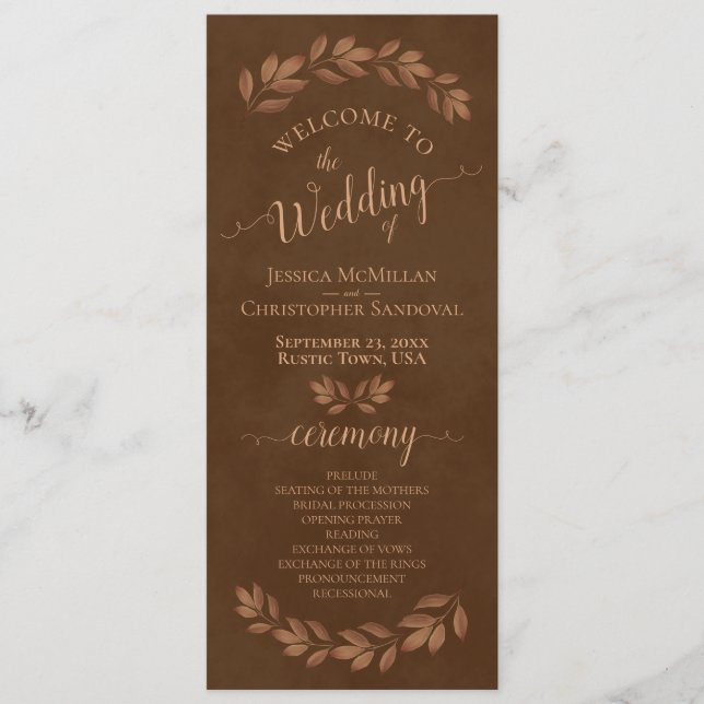 Rustic Watercolor Leaves Chestnut Brown Wedding Programme (Front)