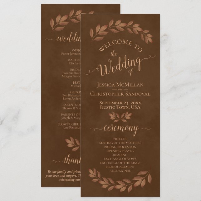 Rustic Watercolor Leaves Chestnut Brown Wedding Programme (Front/Back)