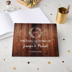 Rustic Watercolor leaves dark barn wood Wedding Guest Book