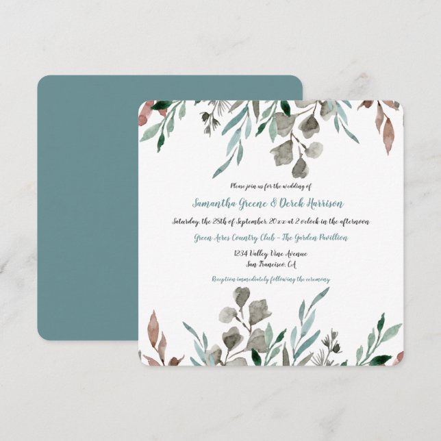 Rustic Watercolor Leaves Frame Wedding Invitations (Front/Back)