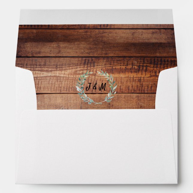 Rustic watercolor leaves monogram on wood Wedding Envelope (Back (Bottom))