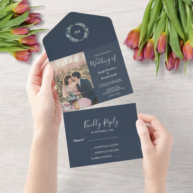 Rustic watercolor leaves monogram photo Wedding All In One Invitation (Creator Uploaded)
