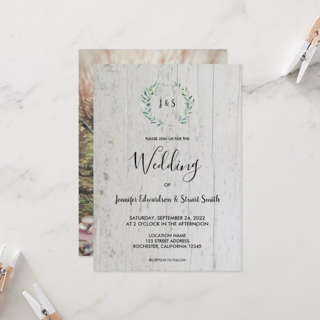 Rustic watercolor leaves monogram photo Wedding Invitation (Front/Back In Situ)