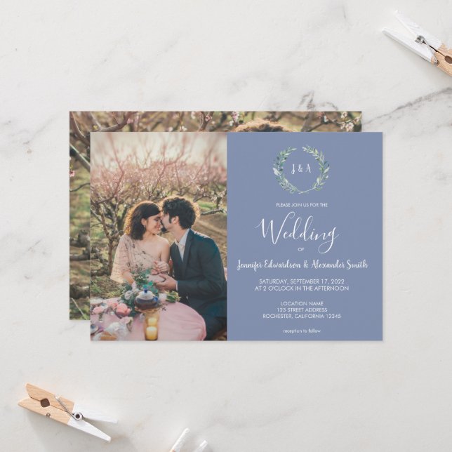 Rustic watercolor leaves monogram photo Wedding Invitation (Front/Back In Situ)