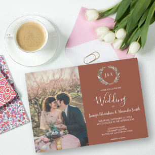 Rustic watercolor leaves monogram photo Wedding Invitation