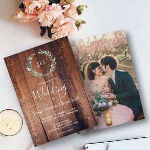 Rustic watercolor leaves monogram photo Wedding Invitation