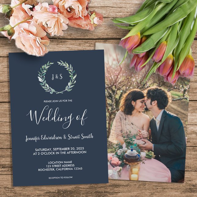 Rustic watercolor leaves monogram photo Wedding Invitation (Rustic watercolor leaves monogram photo country Wedding Invitation.)