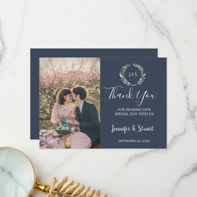 Rustic watercolor leaves monogram photo wedding thank you card (Front/Back In Situ)