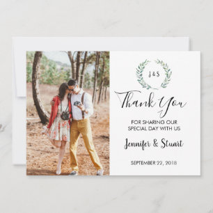 Rustic watercolor leaves monogram photo wedding thank you card