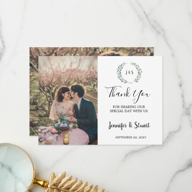 Rustic watercolor leaves monogram photo wedding thank you card (Front/Back In Situ)