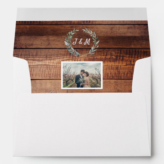 Rustic watercolor leaves monogram wood photo envelope (Back (Bottom))
