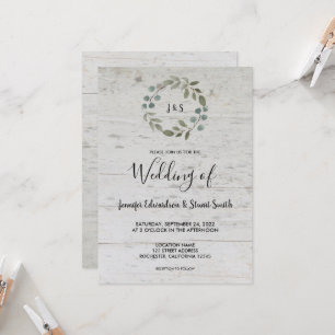 Rustic watercolor leaves monogram wood wedding invitation