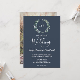 Rustic watercolor leaves monogrammed photo Wedding Invitation