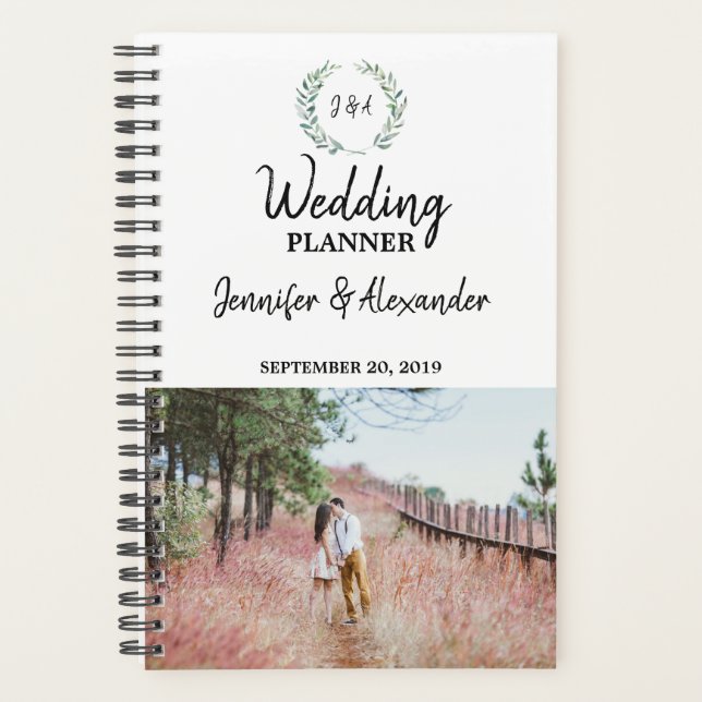 Rustic watercolor leaves monogrammed photo Wedding Planner (Front)