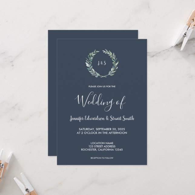 Rustic watercolor leaves monogrammed Wedding Invitation (Front/Back In Situ)