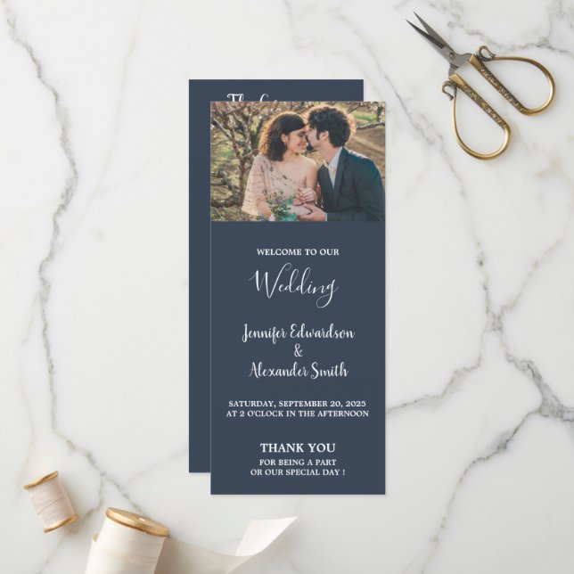 Rustic watercolor leaves navy blue photo wedding programme (Front/Back In Situ)