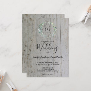 Rustic watercolor leaves on wood monogram Wedding Invitation