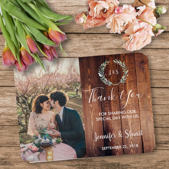 Rustic Watercolor leaves photo wedding Thank You Magnet (Watercolor leaves on rustic wood, monogrammed, photo wedding thank you magnetic card.)