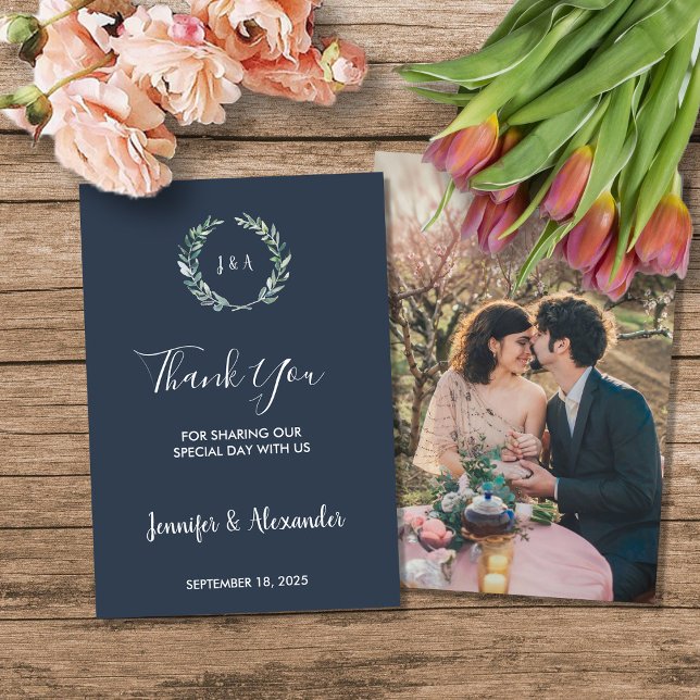 Rustic watercolor leaves Thank you photo wedding Invitation (Rustic watercolor leaves Thank you photo country wedding card.)