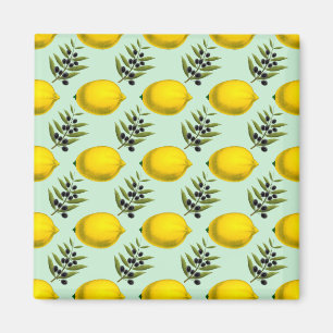 Rustic Watercolor Lemon and Olives Pattern Magnet