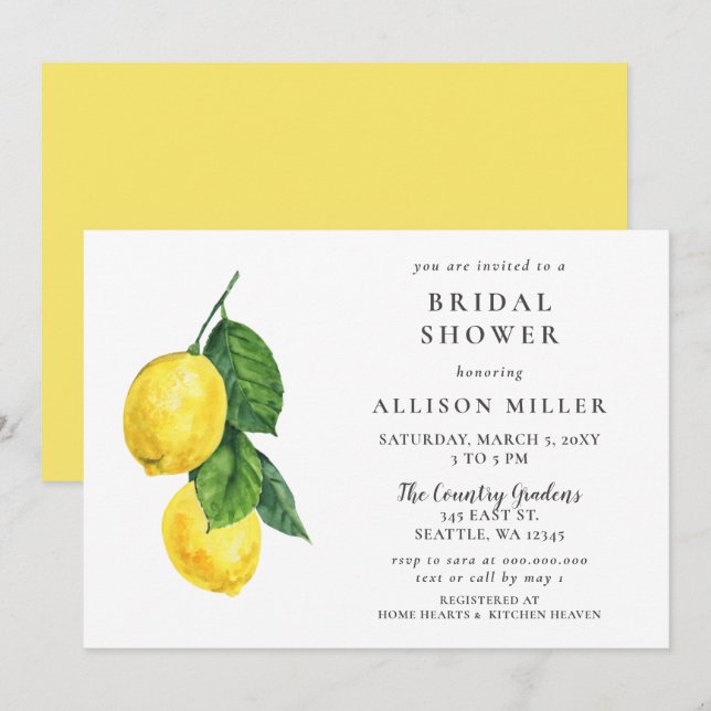 Rustic Watercolor Lemon Bridal Shower Invitation (Front/Back)