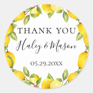Rustic Watercolor Lemon Frame Thank You Favour Classic Round Sticker