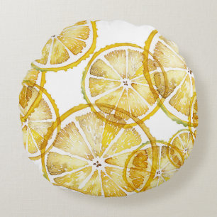 Rustic Watercolor Lemon Slices Pattern Round Cushion