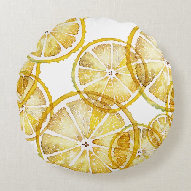 Rustic Watercolor Lemon Slices Pattern Round Cushion (Front)