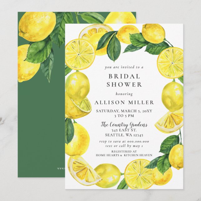 Rustic Watercolor Lemon Wreath Bridal Shower Invitation (Front/Back)