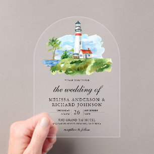 Rustic Watercolor Lighthouse Nautical Wedding Acrylic Invitations