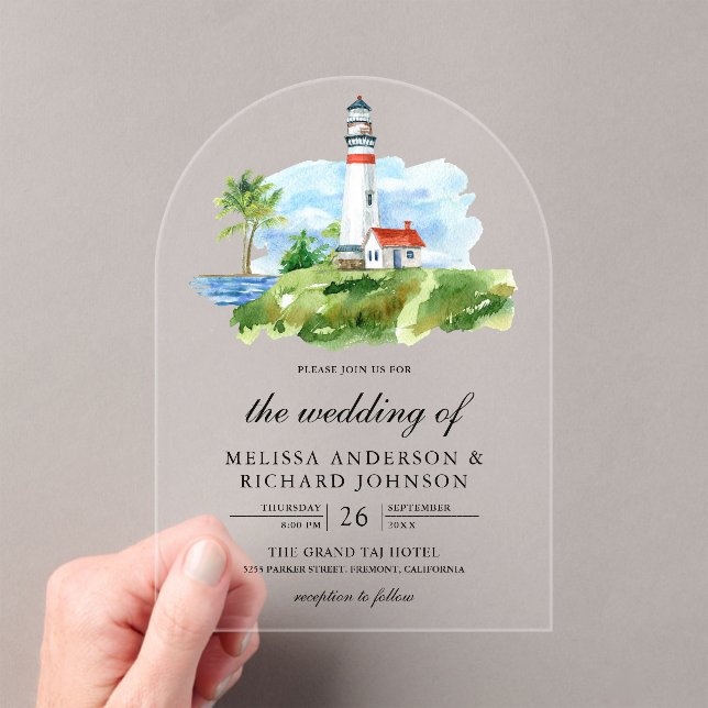 Rustic Watercolor Lighthouse Nautical Wedding Acrylic Invitations (Insitu (Handheld))