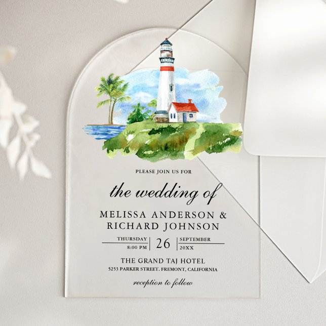 Rustic Watercolor Lighthouse Nautical Wedding Acrylic Invitations (Creator Uploaded)