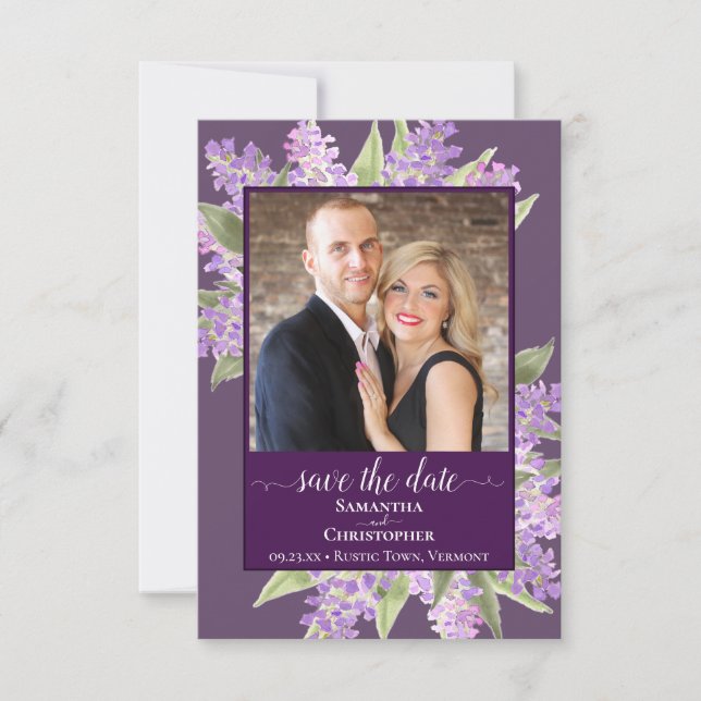 Rustic Watercolor Lilacs & Photo Purple Wedding Save The Date (Front)
