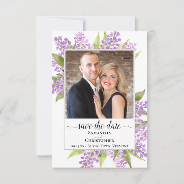 Rustic Watercolor Lilacs & Photo Simple Wedding Save The Date (Front)